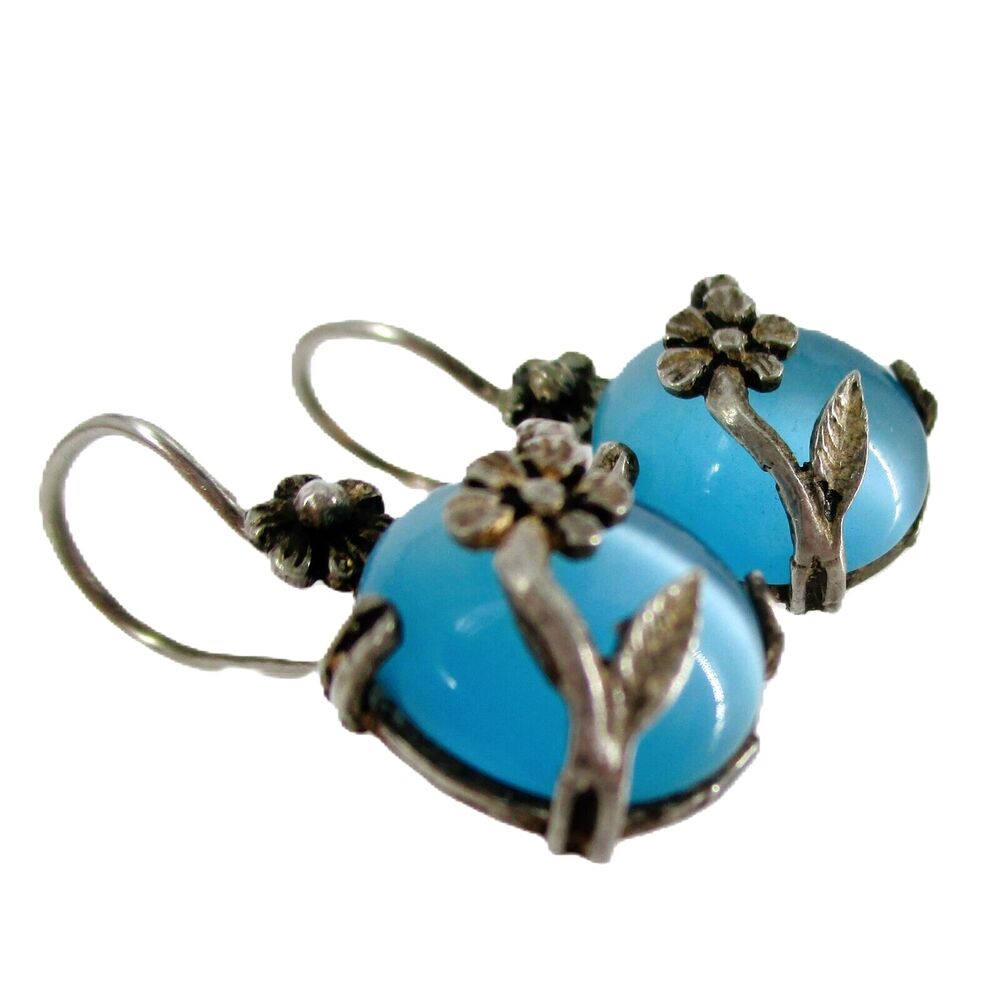 Blue Cat's Eye Threader Hook Floral Wrap Earrings 925 Vintage Sterling Silver